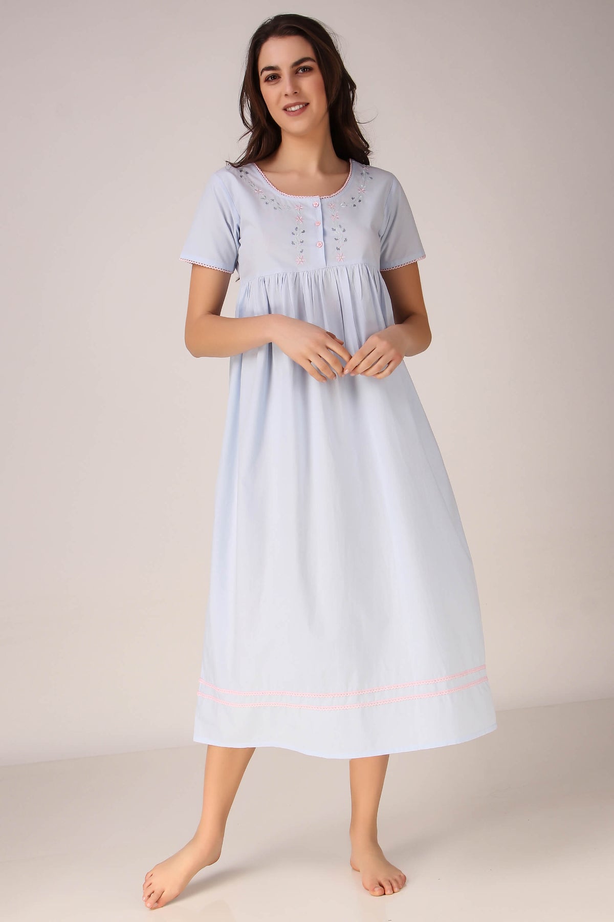 Cindy Nightdress in light blue with floral embroidery details.