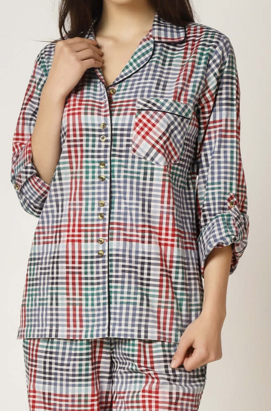 Aldo Roll-up Pyjama Suit featuring a colorful checkered pattern.