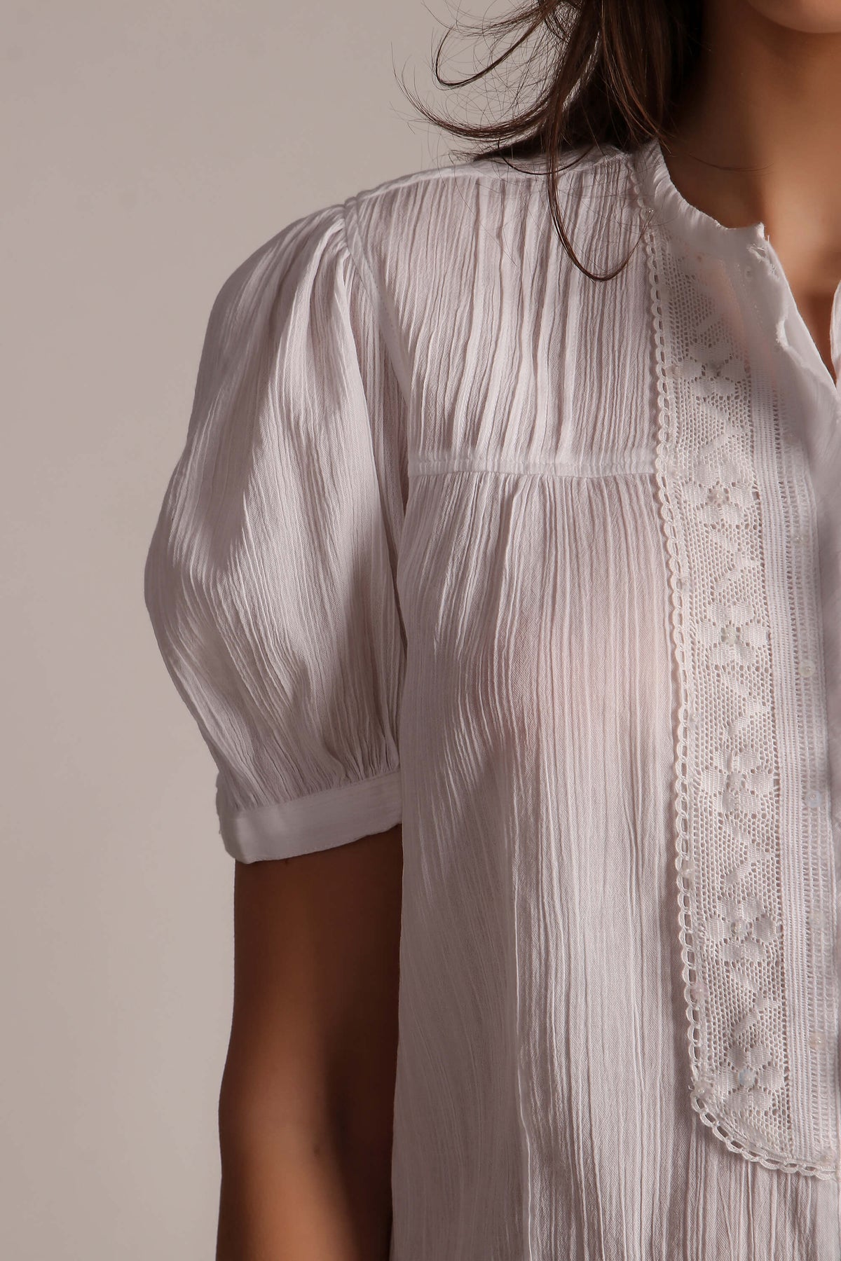 Cecilia Pyjama Suit in soft white fabric with delicate detailing.