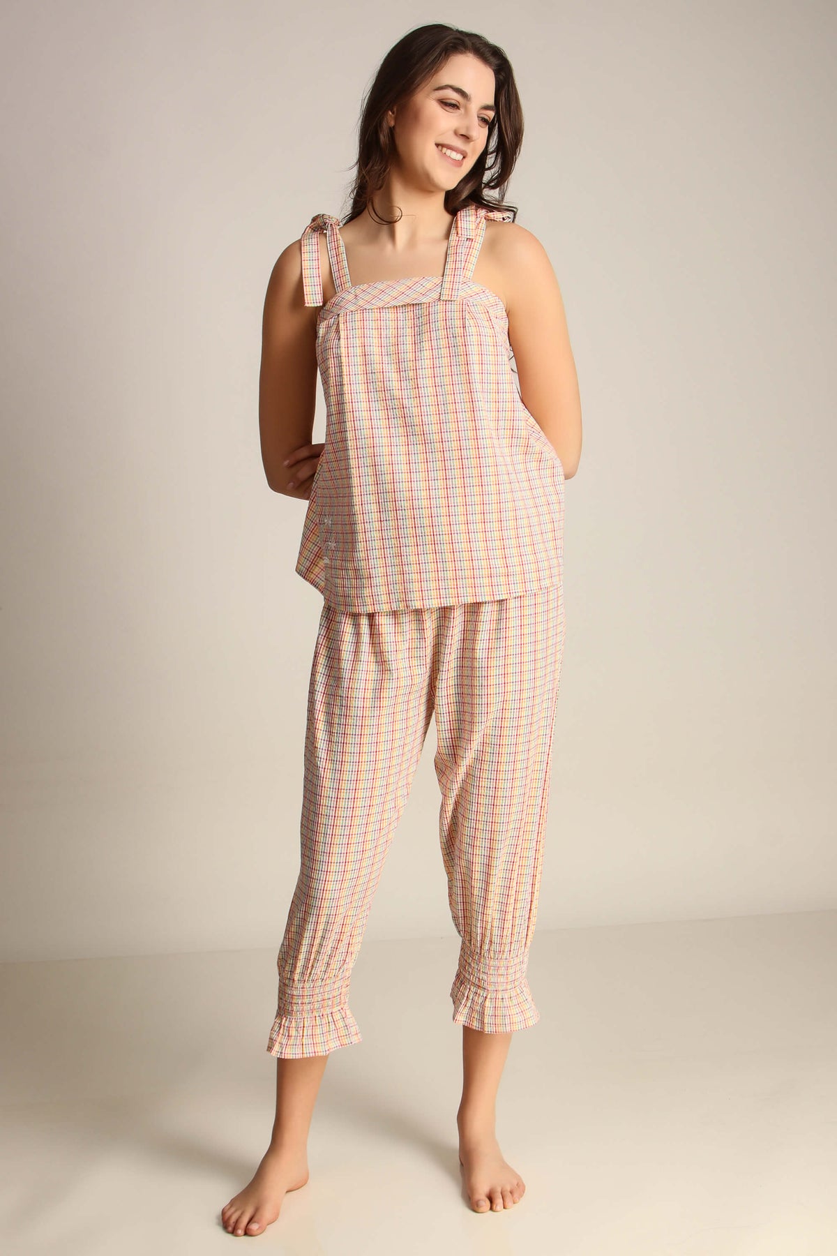 Haylee Pyjama Suit with checkered pattern, comfortable and stylish loungewear.