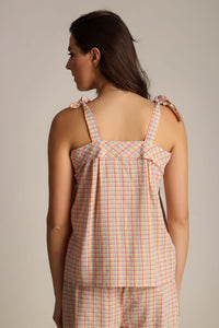 Back view of Haylee Pyjama Suit in colorful plaid pattern.