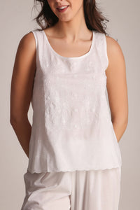 Elegant white embroidered pyjama suit, perfect for comfortable sleepwear.