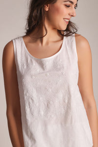 Close-up of elegant white embroidered tank top from Vanessa Pyjama Suit.