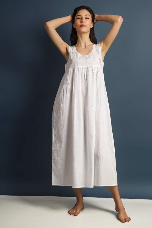 Zule Nightdress: Elegant white nightgown with delicate embroidery details.