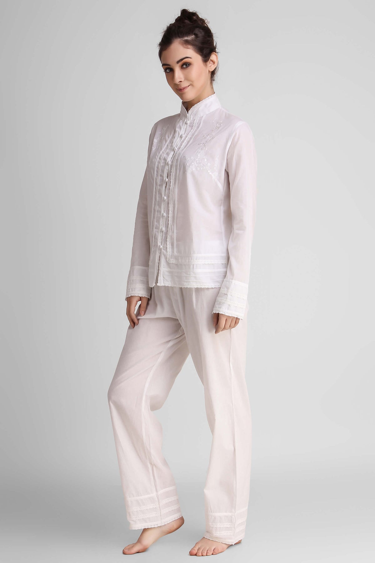 Clarisse Pyjama Suit: Elegant white sleepwear set for comfort and style.