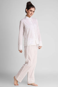 Elegant white Clarisse pyjama suit for stylish comfort at home.