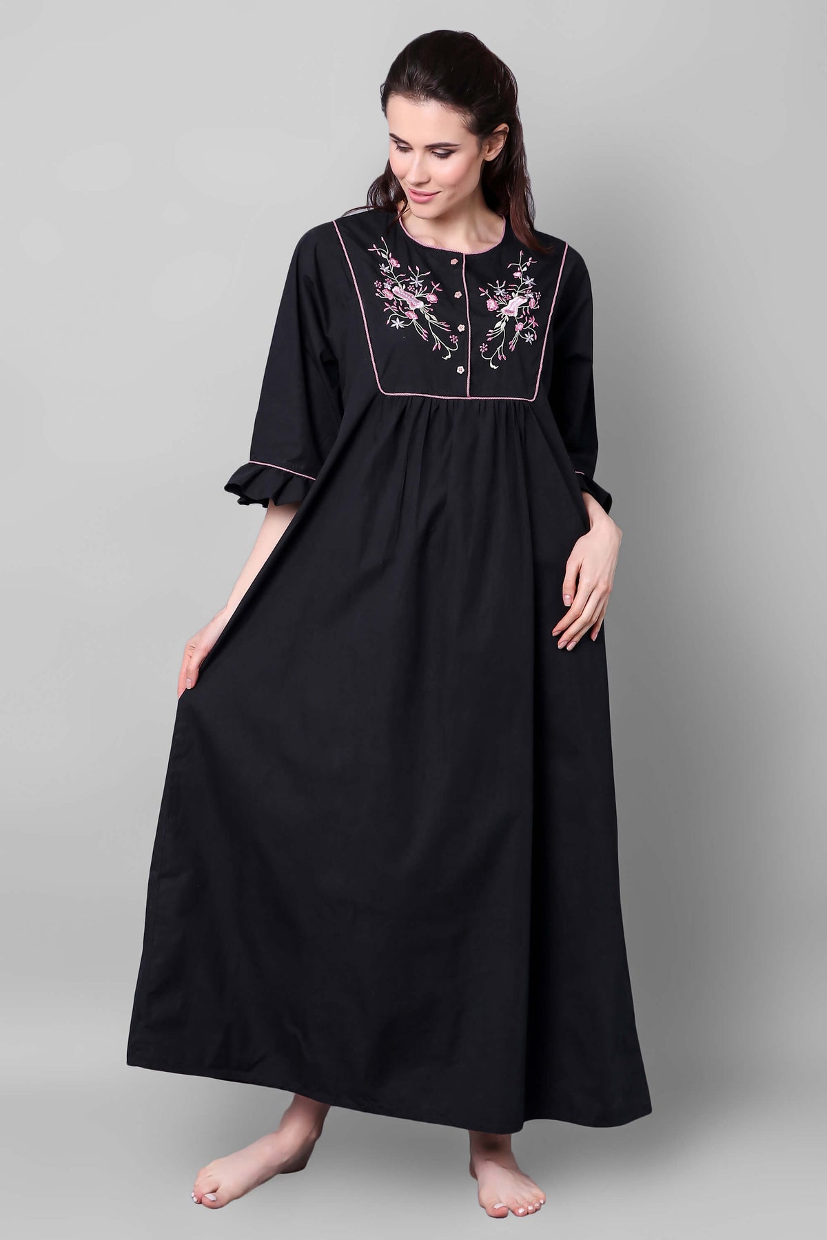Kimberly black embroidered nightdress for comfortable nighttime wear.