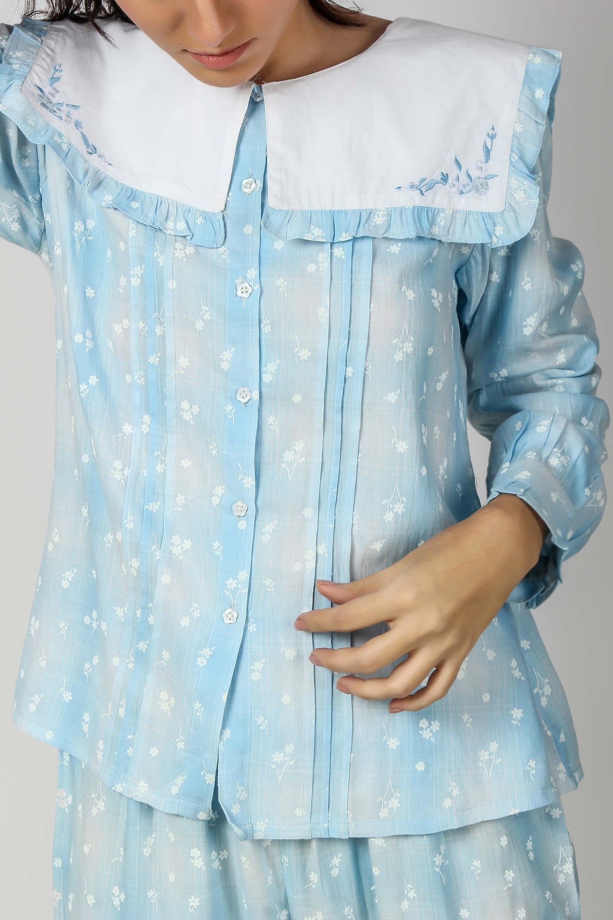 Light blue floral sailor pyjama suit for comfortable lounging.