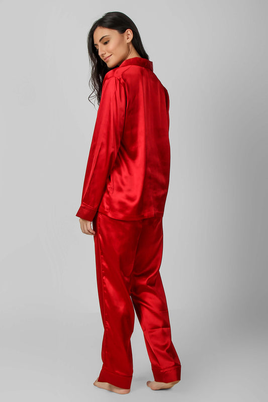 Elegant red Rachel pyjama suit for stylish comfort at home.