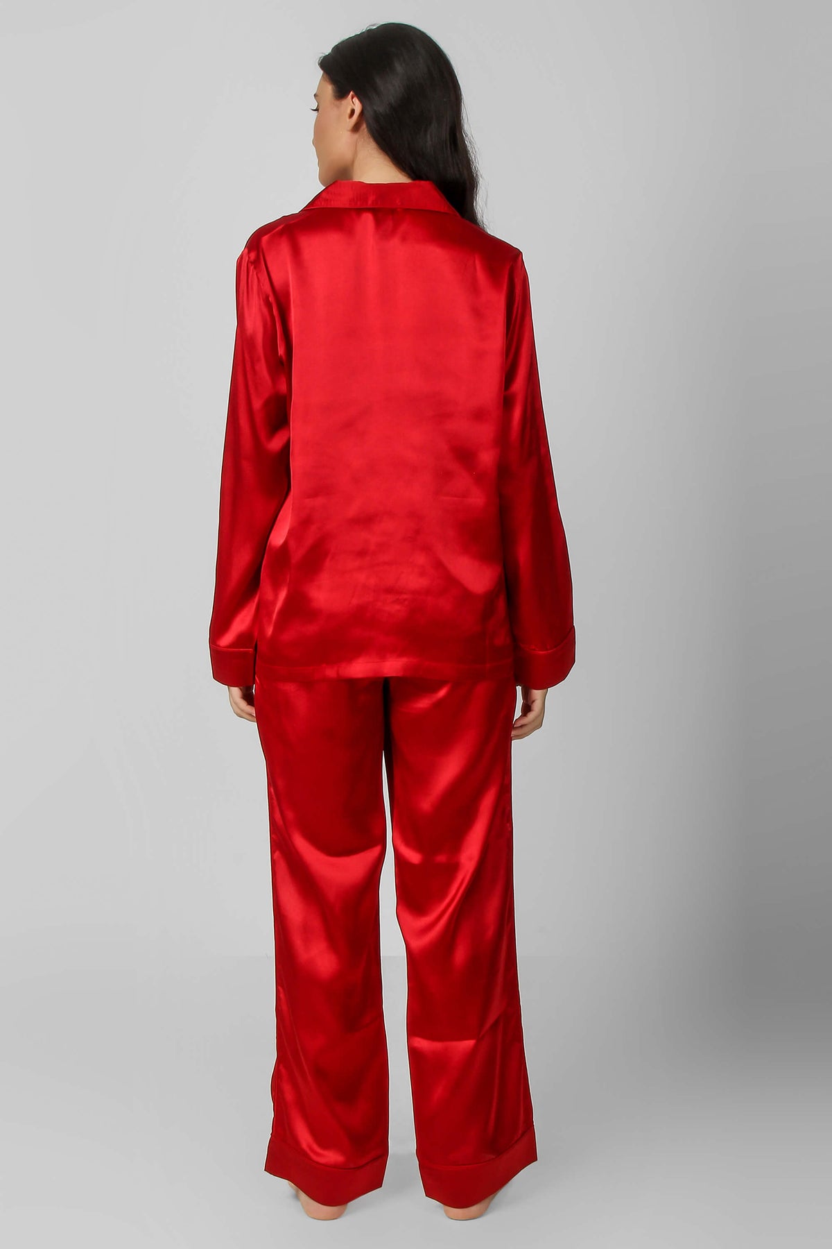 Red satin Rachel Pyjama Suit showcased from the back.