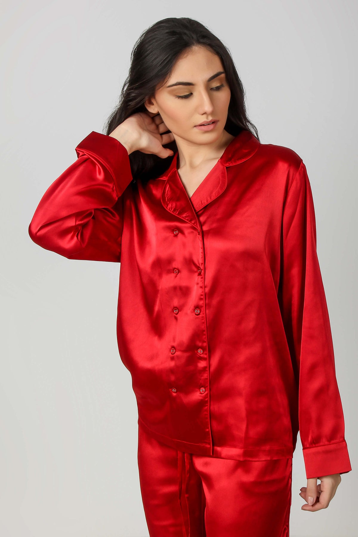 Elegant red satin pyjama suit for stylish comfort.