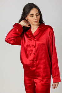 Elegant red satin pyjama suit for stylish comfort.