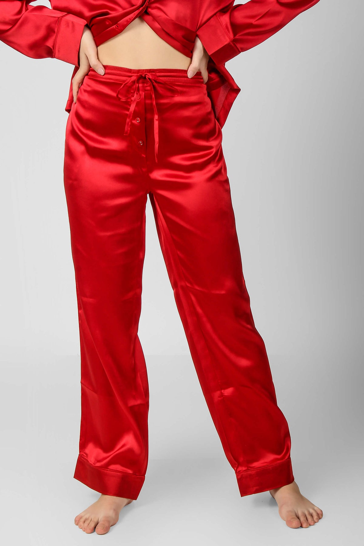 Red satin Rachel pyjama suit with stylish drawstring waist.