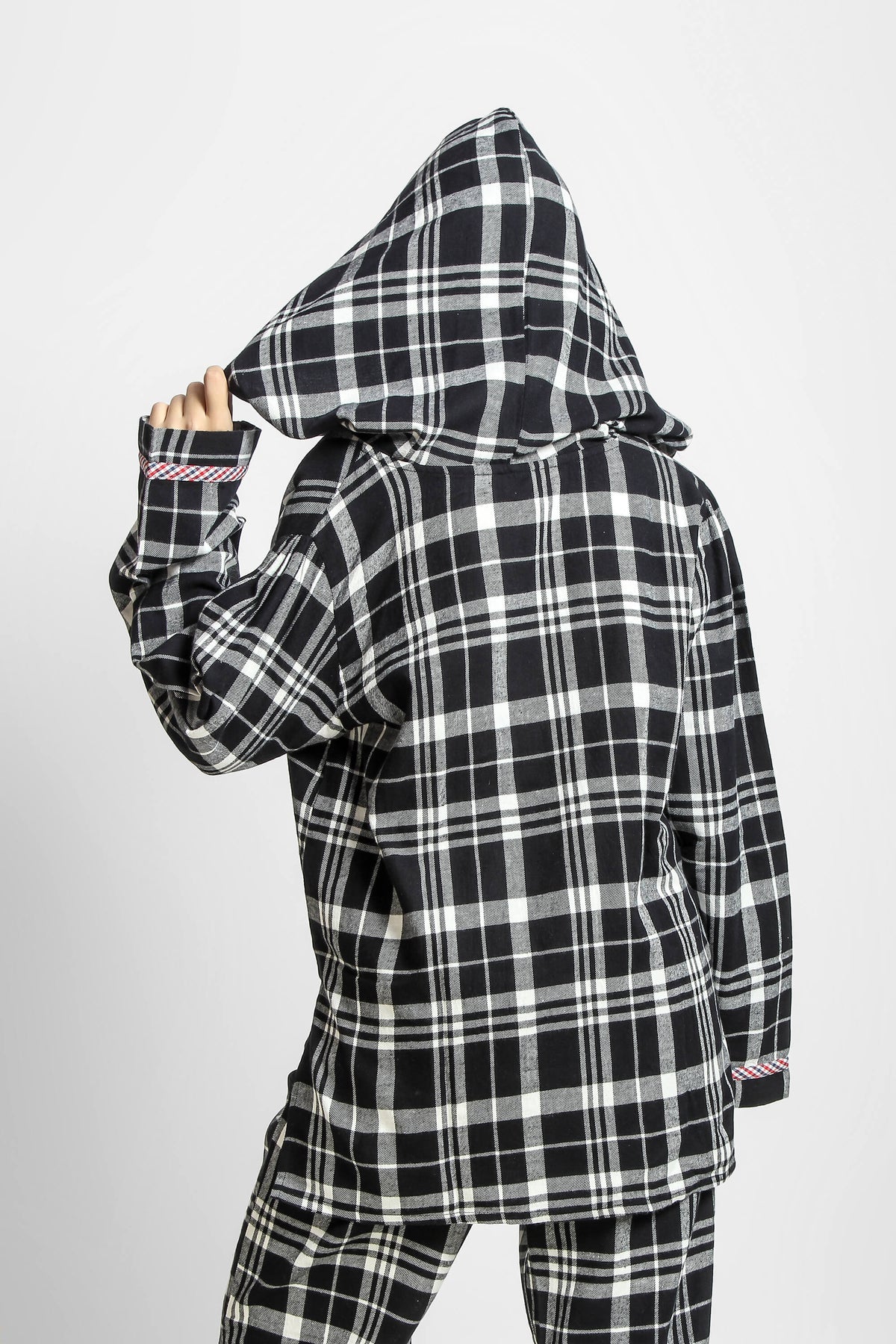 Cozy black and white plaid Griffin hoodie pyjama suit for lounging.