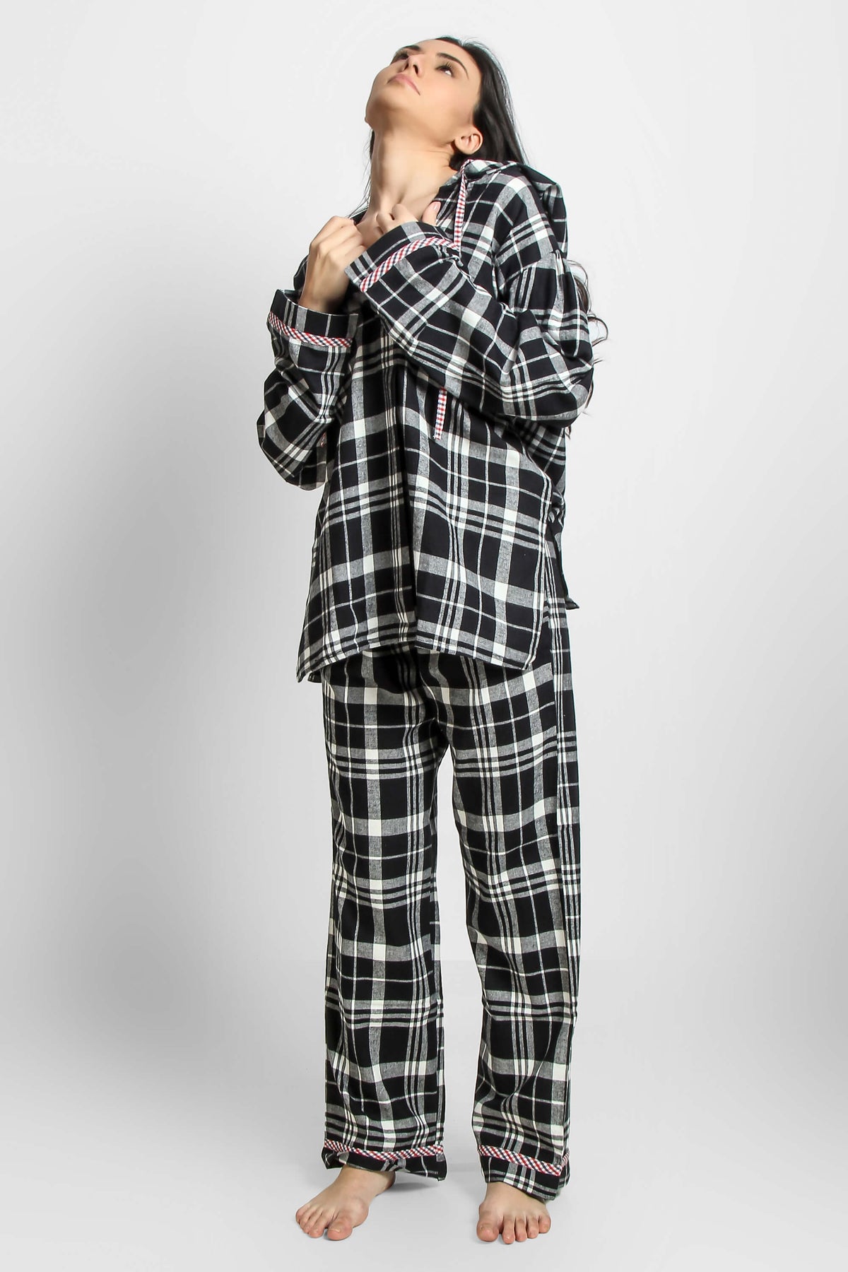 Griffin hoodie pyjama suit in black and white plaid pattern.