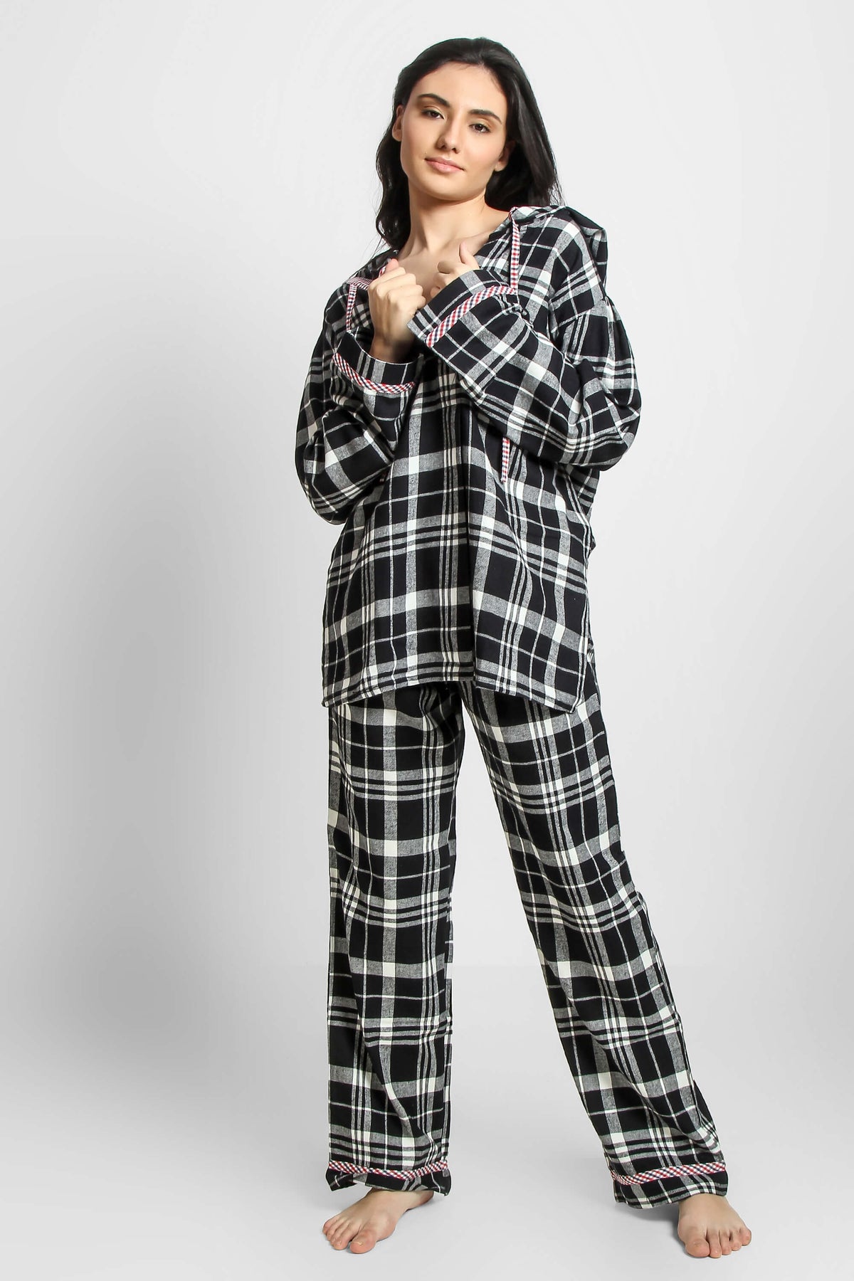 Griffin hoodie pyjama suit in black and white plaid design.