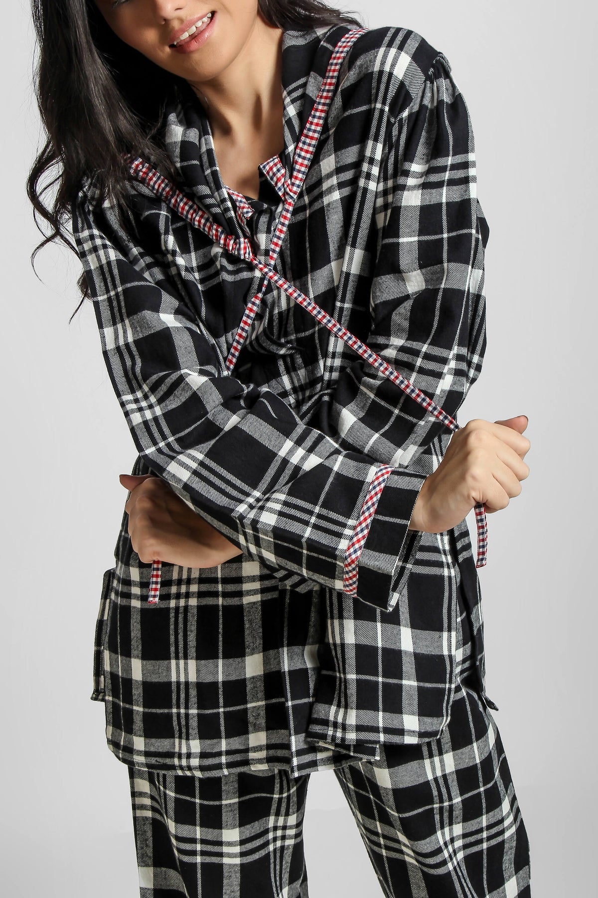Griffin hoodie pyjama suit in stylish black and white plaid.