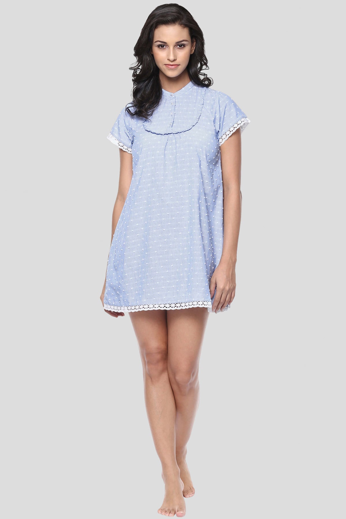 Blue night dress with lace trim, perfect for comfortable lounging.