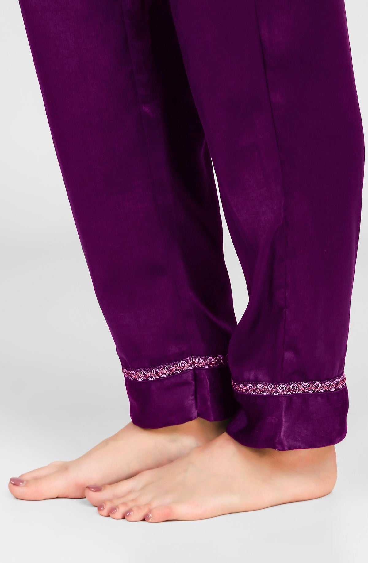 Purple satin pyjama suit with elegant embroidered detailing.
