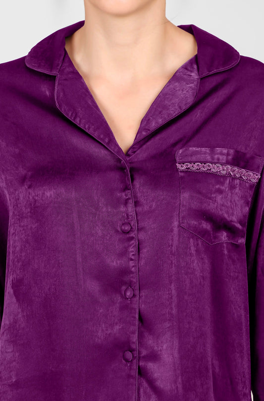 Maisel Satin Pyjama Suit in luxurious purple satin fabric.