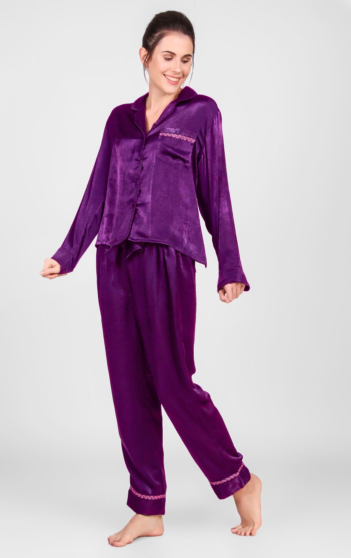 Maisel Satin Pyjama Suit in vibrant purple featuring stylish, comfortable design.