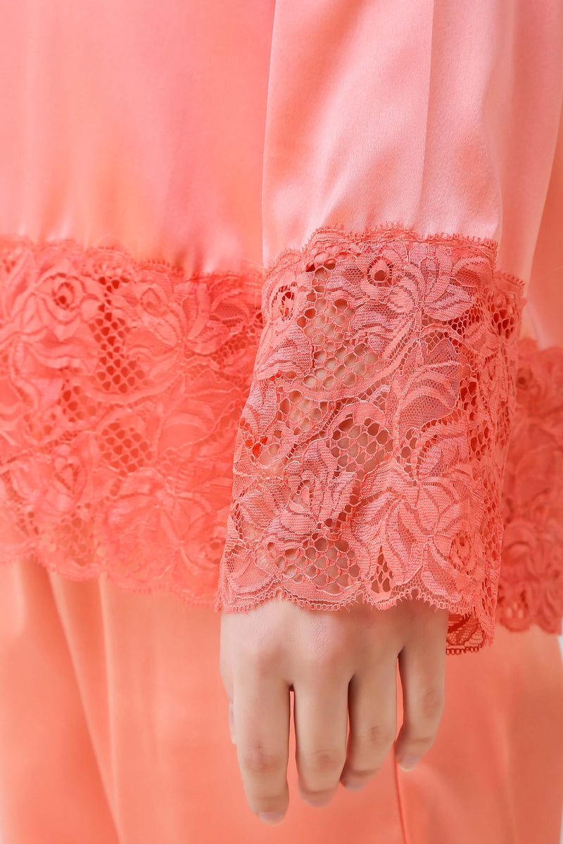 Close-up of Janet Pyjama Suit, featuring elegant lace detailing.