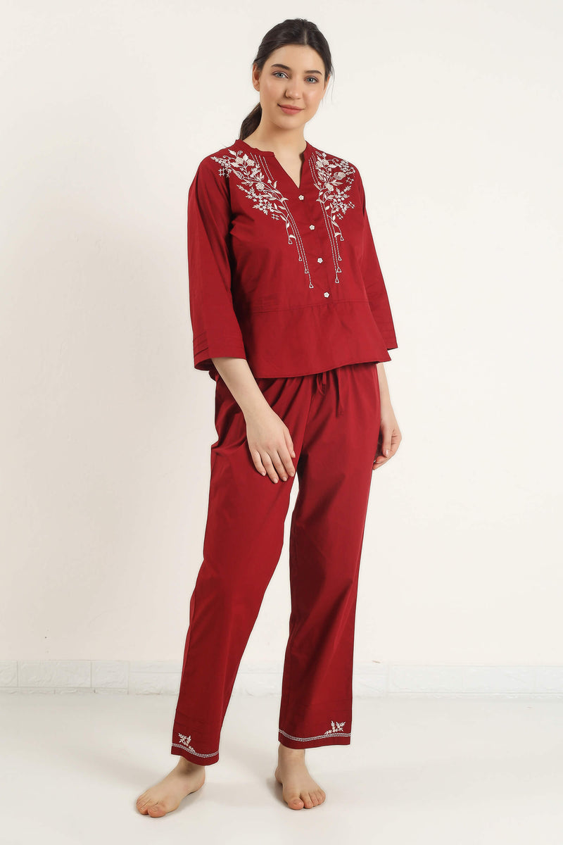 Ruby pyjama suit with floral embroidery, perfect for comfort and style.