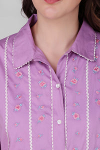 Elegant purple pyjama suit with floral embroidery design.