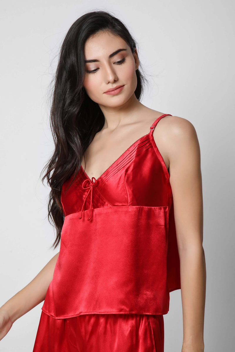 Red satin camisole and shorts set for women's sleepwear.