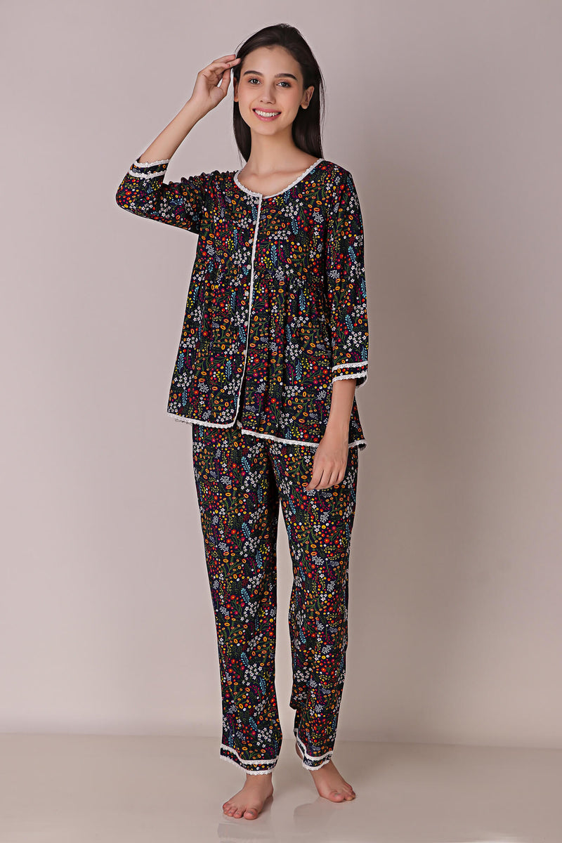 Reva Pyjama Suit in vibrant floral pattern for comfortable lounging.