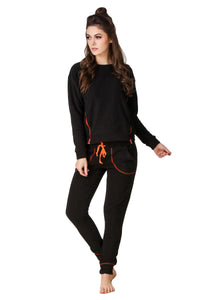 Stylish black pyjama suit with orange accents for women.