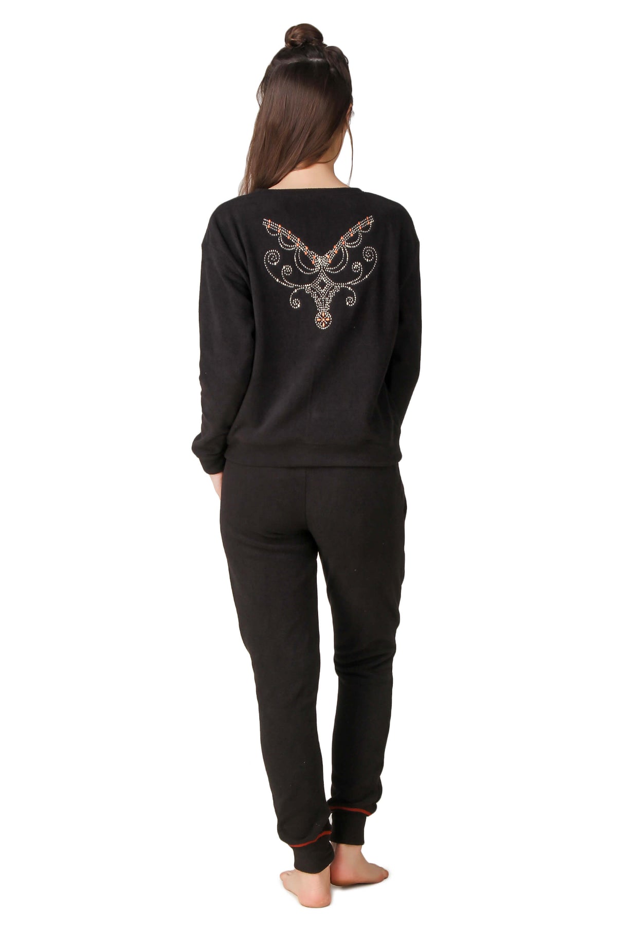 Stylish black Paula pyjama suit with decorative back design.