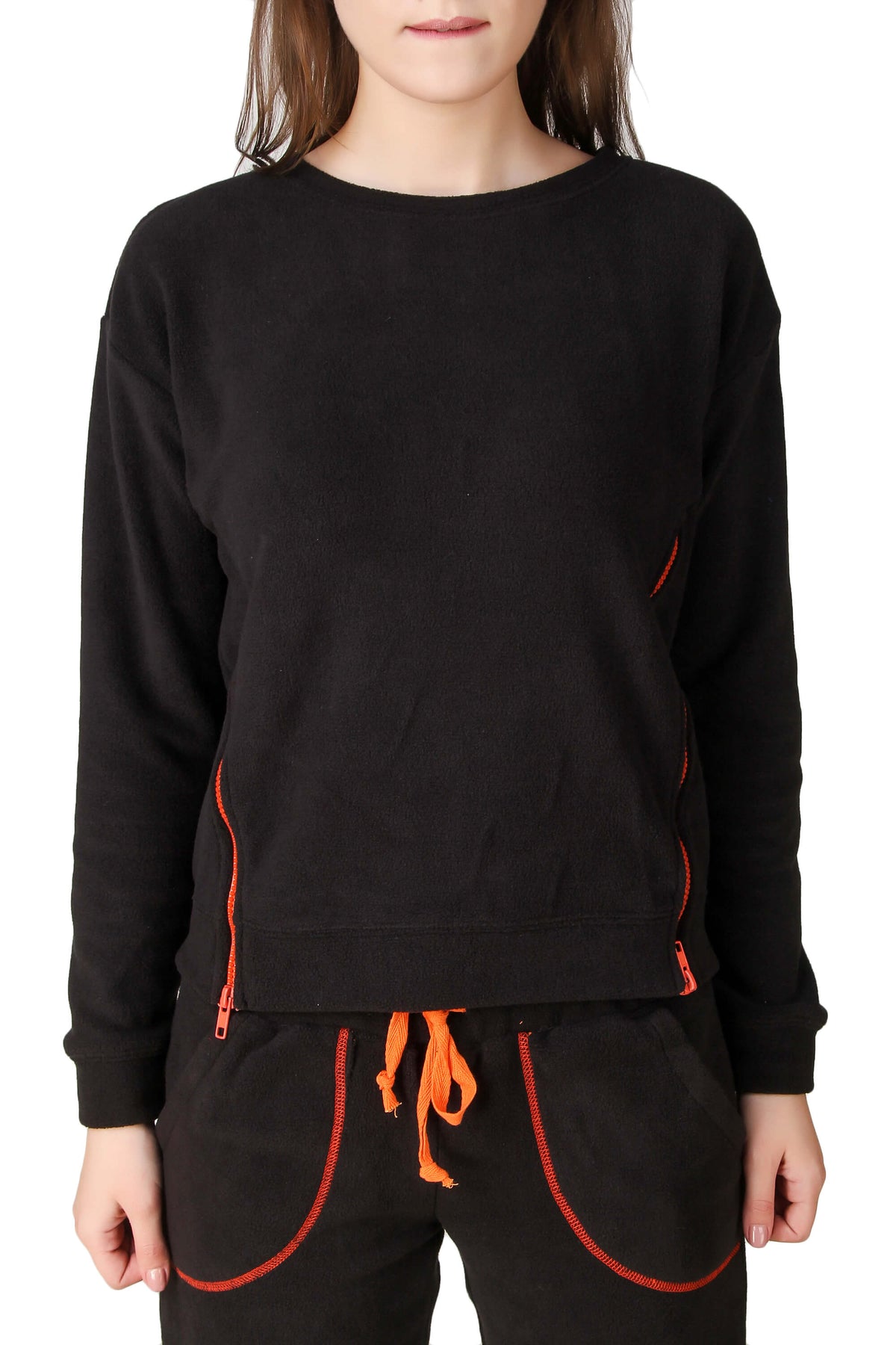 Black pyjama suit with orange accents for comfortable lounging.