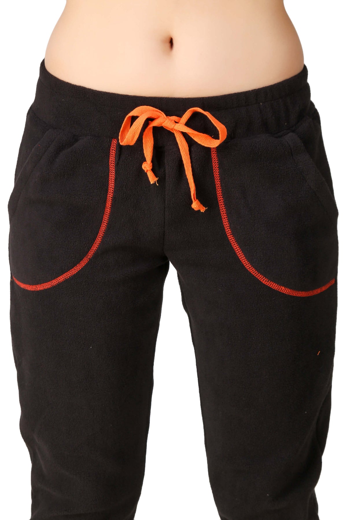 Black pyjama suit pants with orange drawstring and pockets.