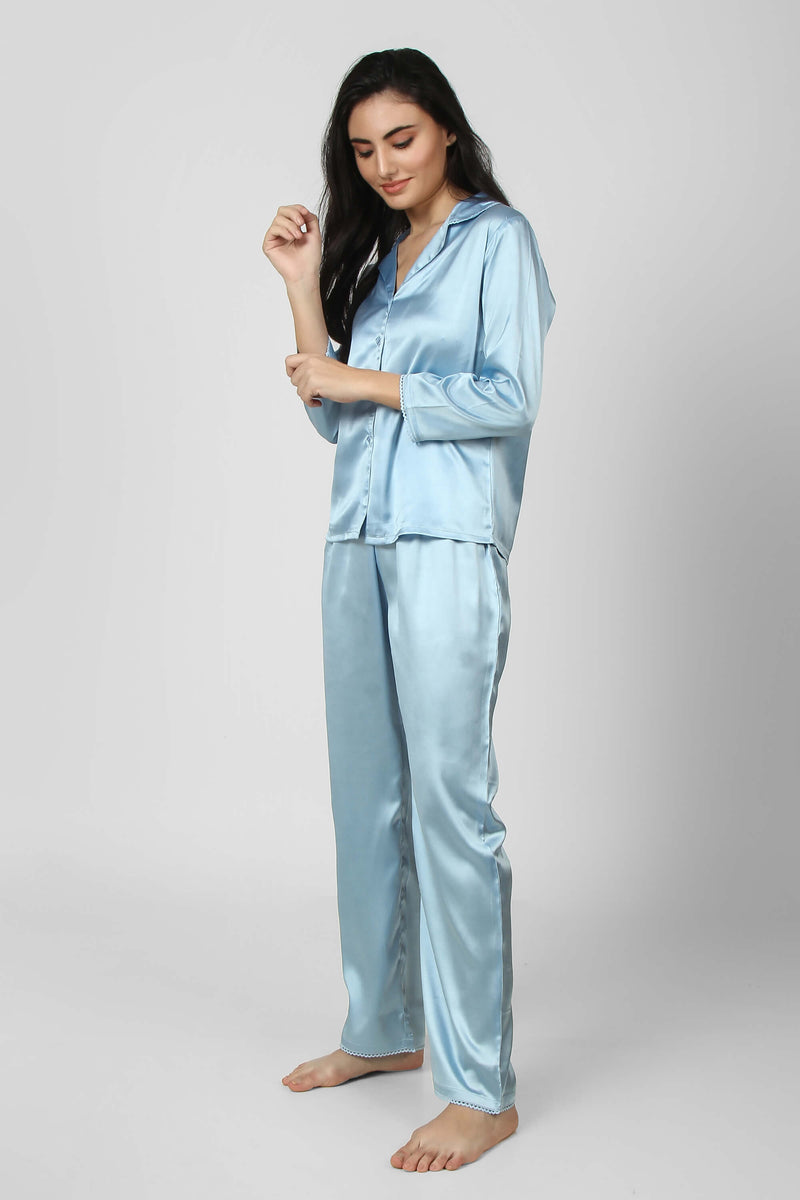 Elegant blue satin pyjama suit for comfortable lounging.