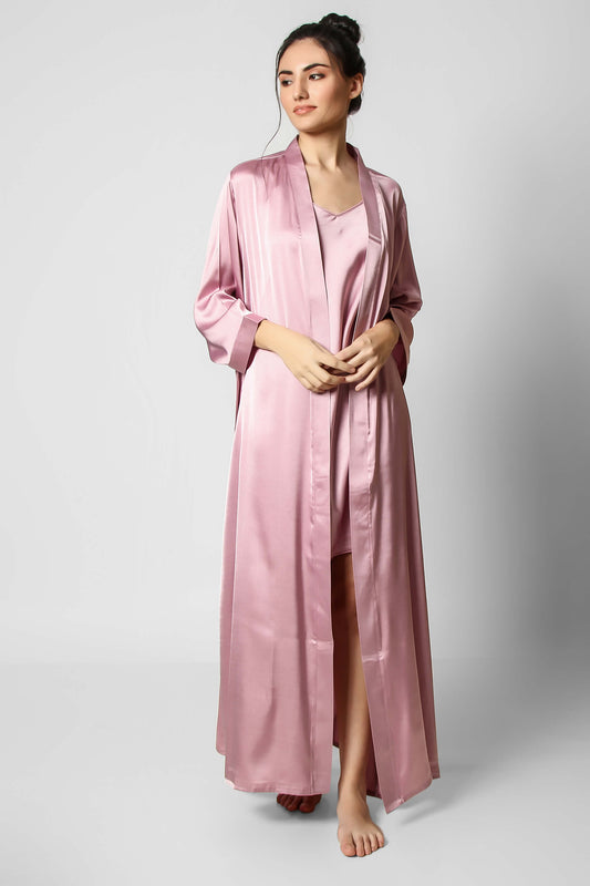 Elegant pink satin gown with matching robe, perfect for comfort.
