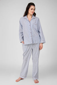 "Max Women's Pyjama Suit in striped blue and white design."