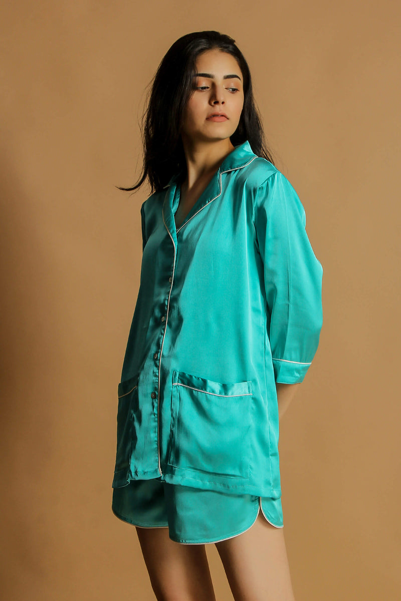 Stylish turquoise shorts and top set for women's loungewear.