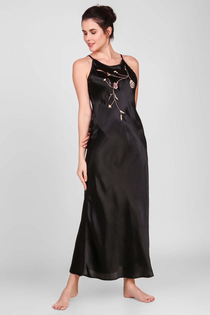 Elegant black satin nightdress with floral embroidery design.