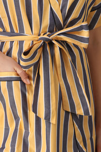 Stylish yellow and gray striped robe with tie detail.