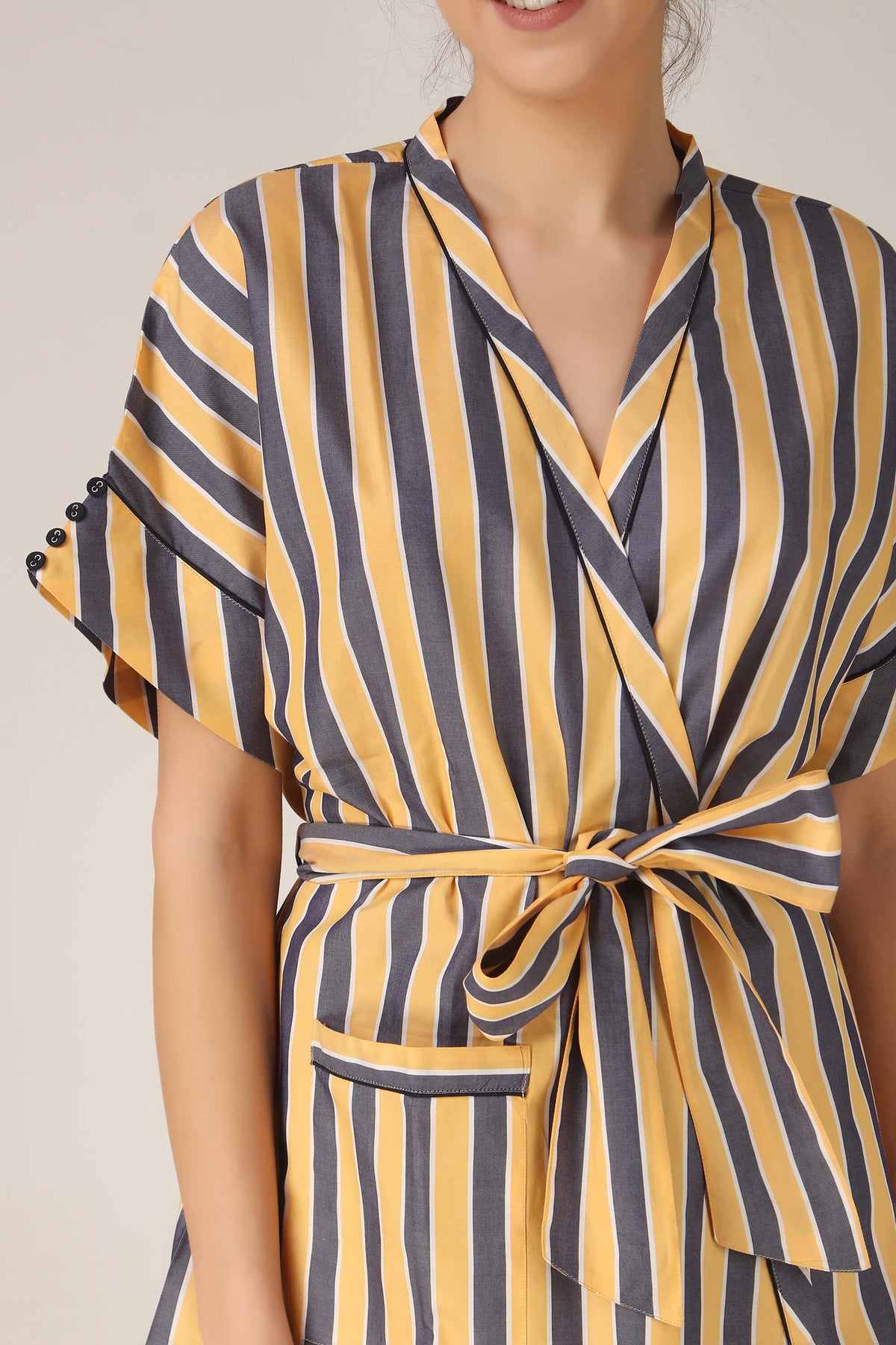 Vivian robe featuring stylish yellow and gray stripes with a belted waist.