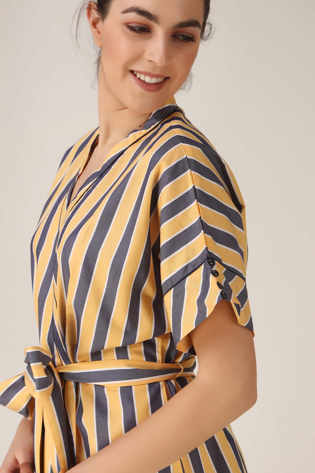 Vivian robe featuring yellow and navy striped design with a tie waist.