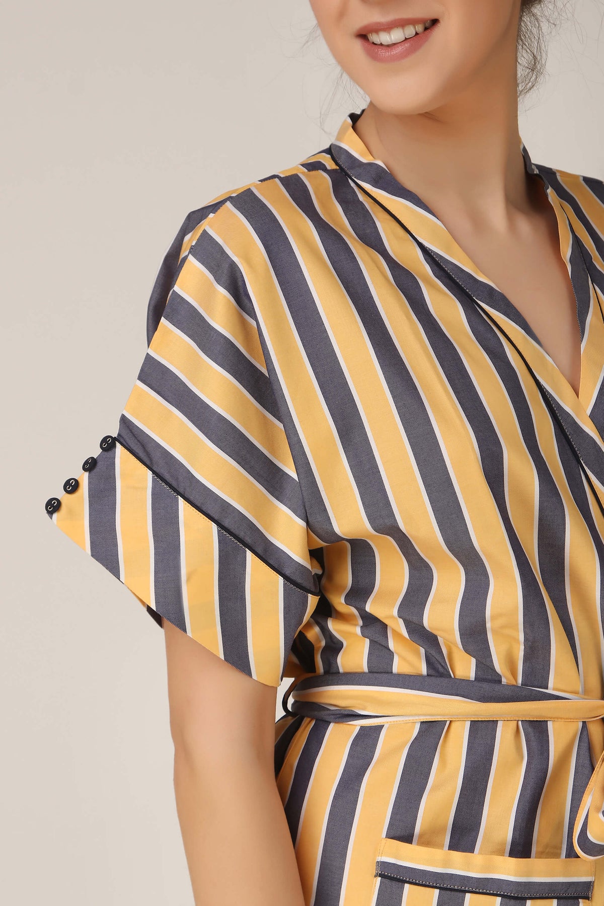 Vivian robe with stylish yellow and gray stripes, perfect for casual wear.