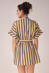 Striped yellow and gray robe with a fitted waist.