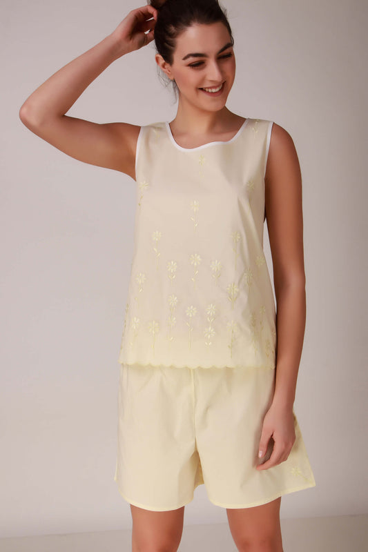 Sunflower shorts set featuring a yellow sleeveless top and shorts.