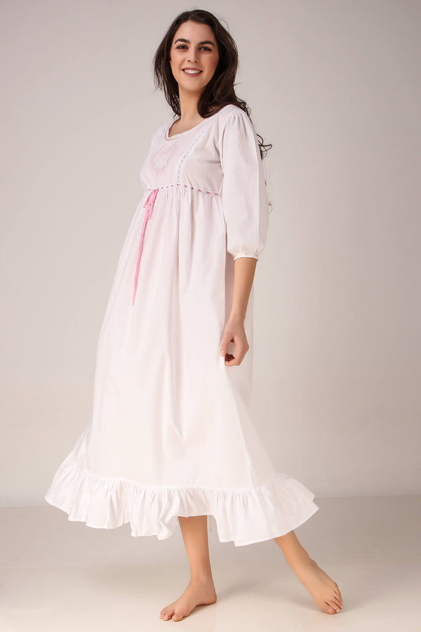 Sophia Nightdress, elegant white design with pink accents, perfect for comfortable sleep.