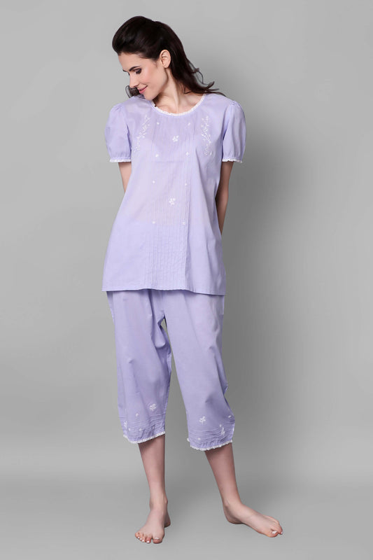 Sally Pyjama Suit in lavender featuring elegant floral embroidery.