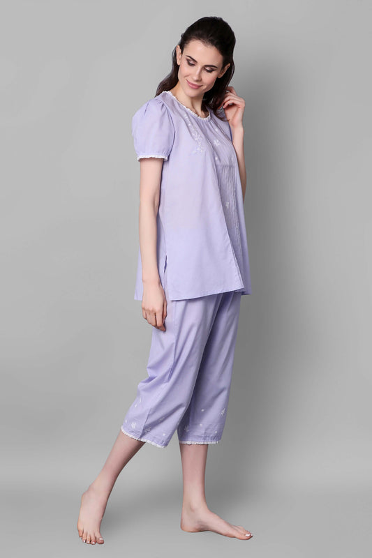 Sally Pyjama Suit in lavender with elegant embroidery and comfortable fit.