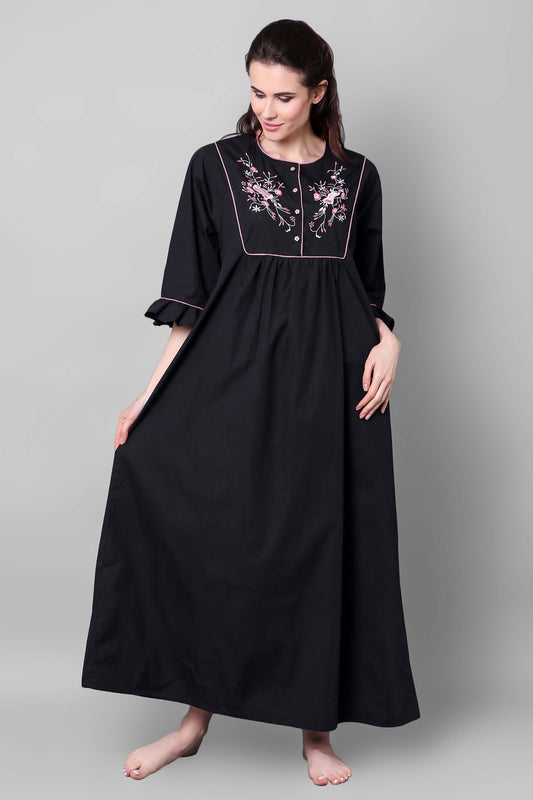 Kimberly black embroidered nightdress for comfortable nighttime wear.