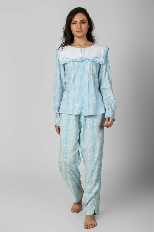 Sailor-inspired blue pyjama suit for comfortable sleepwear style.